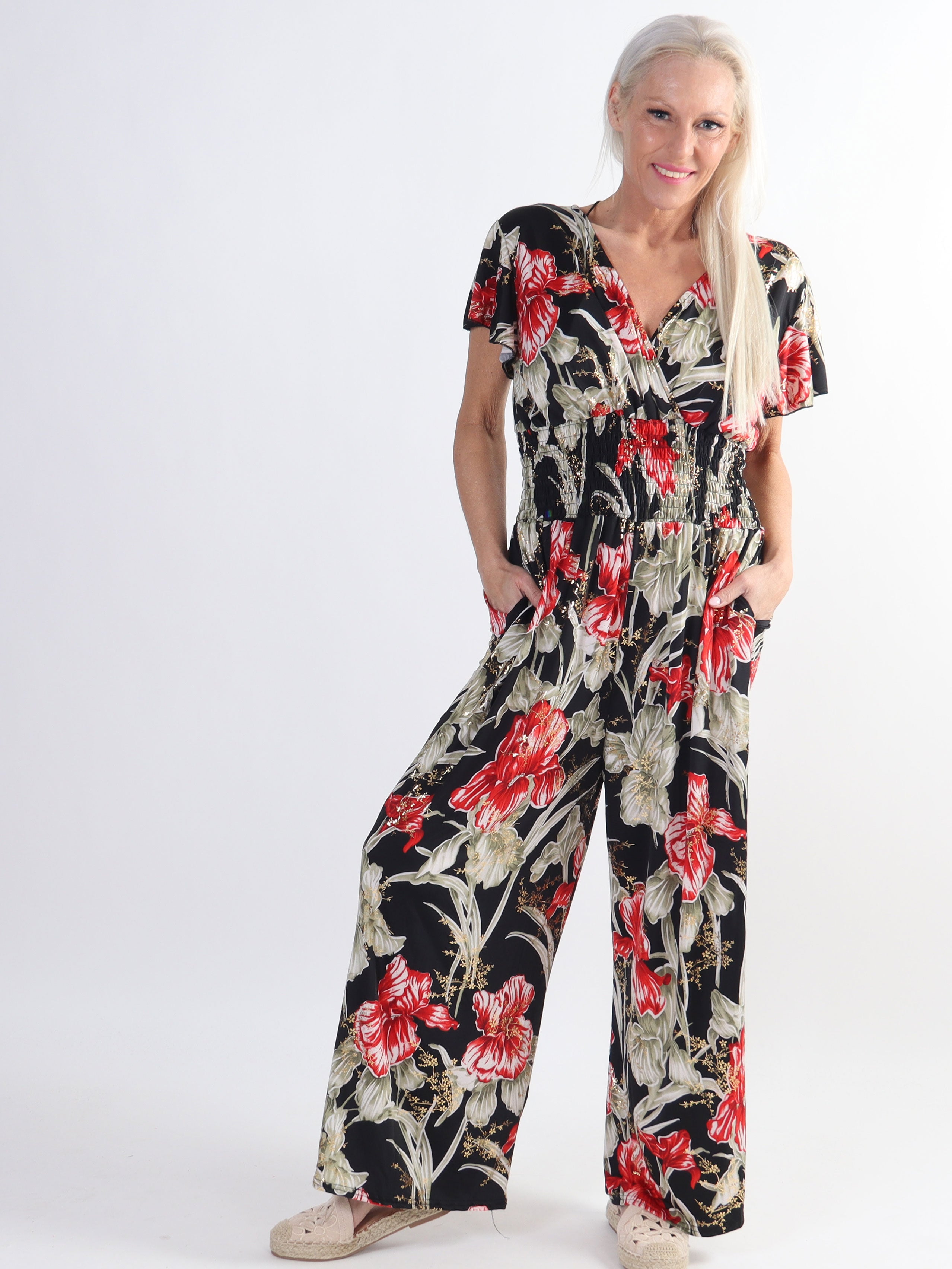 Pams Spring Jumpsuit O/B - Blomstret plus size elastisk buksedragt